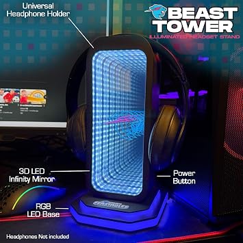 Feastables Beast Tower MrBeast Gaming Headphone Stand | RGB Light Display with Infinity Mirror Effect and Logo | Universal Headset Holder; USB Powered Desk Computer Accessory for Gamers and Streamers