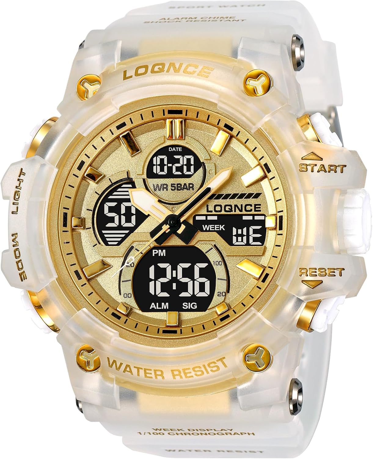 FANMIS Mens Watch for Men Analog Digital Sport Watch Transparent Gold Watches Waterproof Military Style Big Face Wristwatch with Stopwatch/Alarm/Countdown/Dual Time/Luminous Backlight