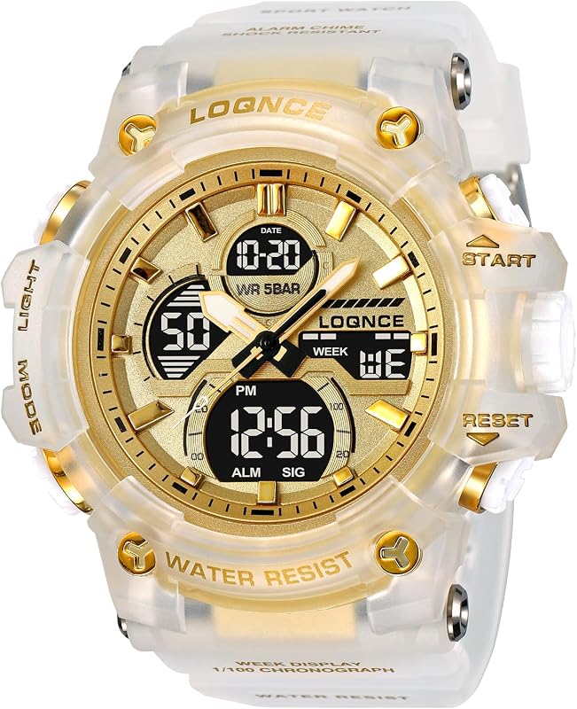 FANMIS Reloj deportivo analógico digital para hombre, dorado transparente, resistente al agua hasta 50 m, esfera grande, con retroiluminación LED, cronómetro, alarma, reloj informal para exteriores para hombre