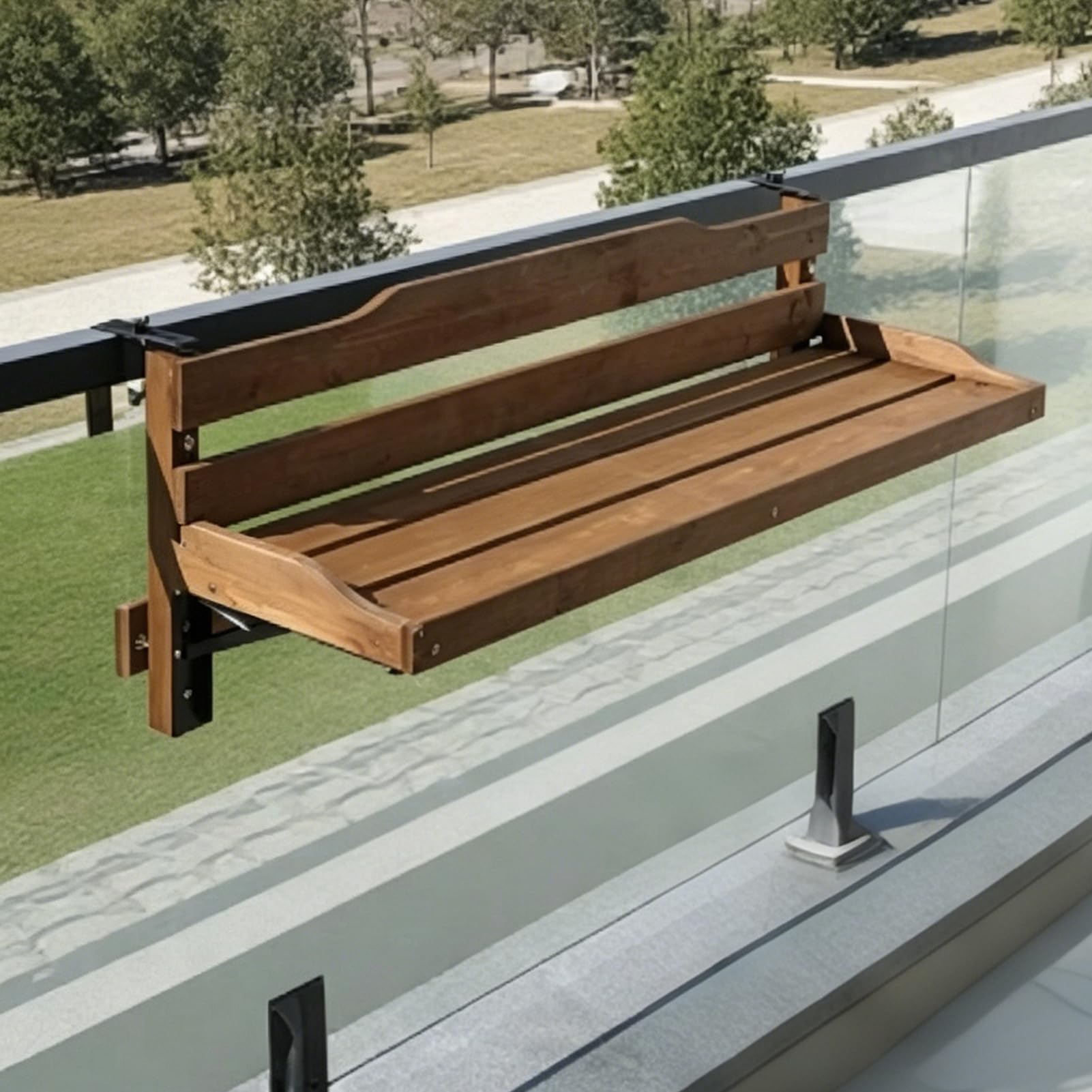 Tavolo pieghevole per ringhiera per balcone, ringhiera in legno e mensola sospesa con ganci regolabili, installazione senza fori, per ringhiere esterne/interne (legno scuro, 60 cm)