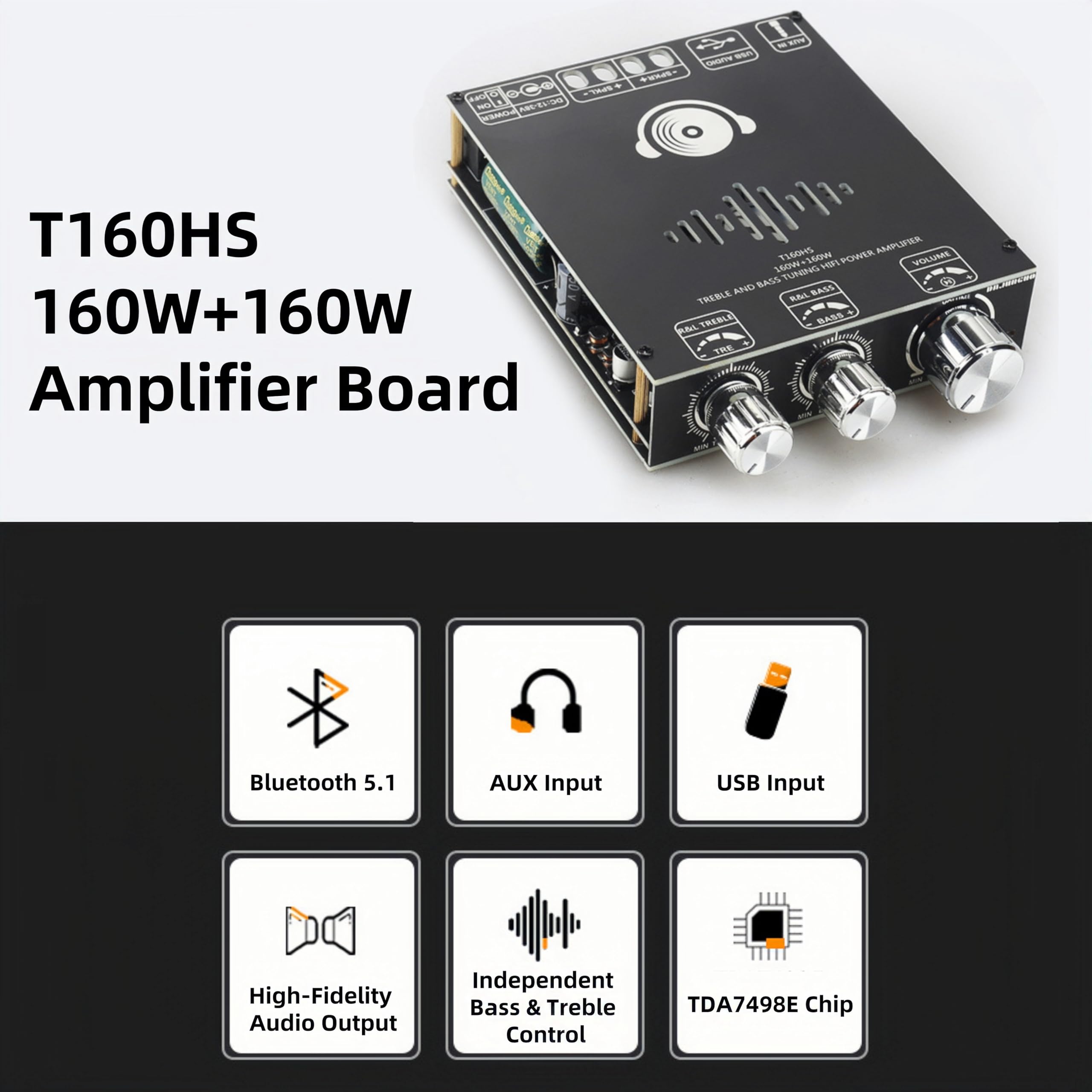 160W+160W Amplifier Board, 2.0 Channel Mini Car Audio Amplifier, DC 12-36V Stereo Amplifier Board with Treble and Bass Control for Home Studio Theatre, Bluetooth/AUX/USB Input