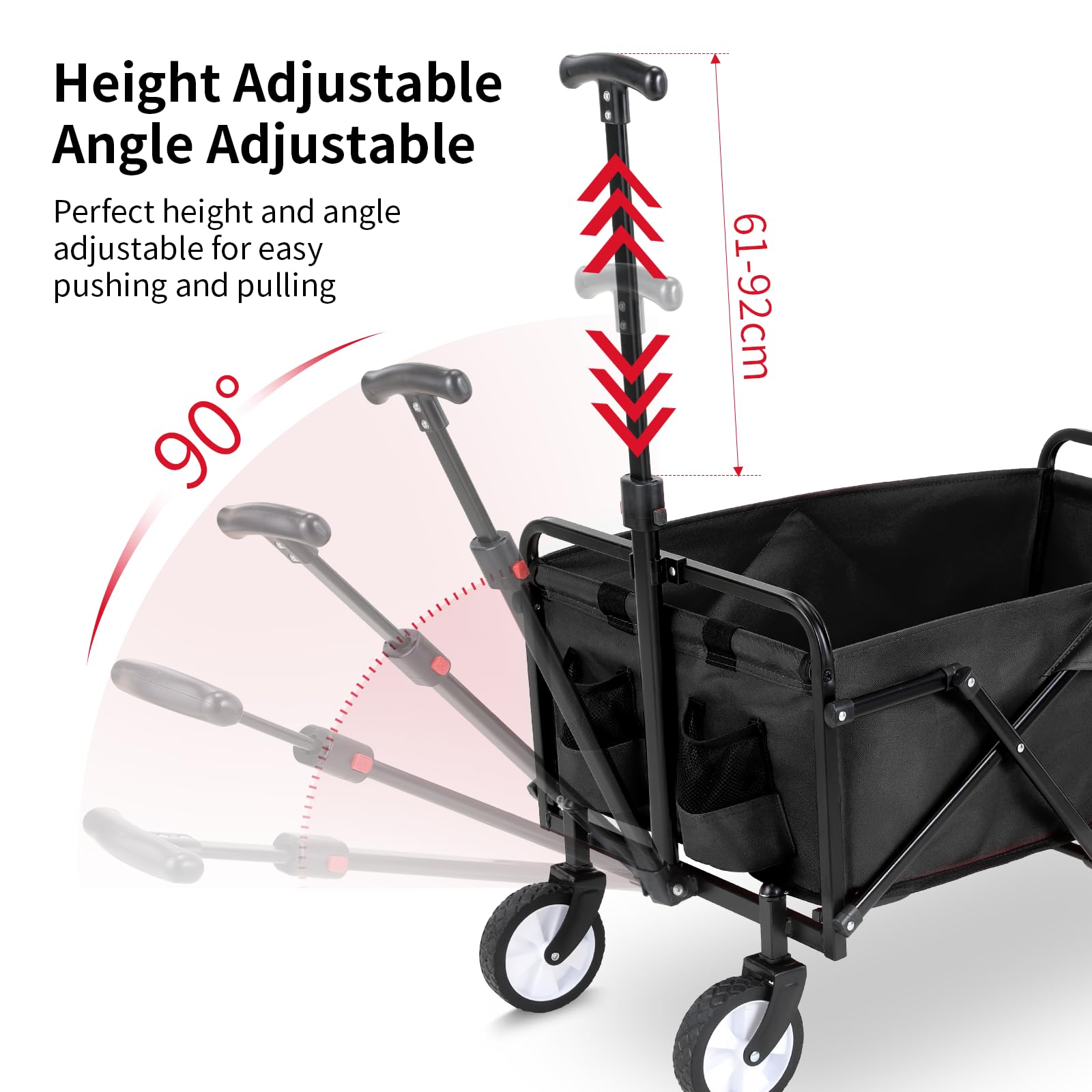 LIFERUN Carro Plegable, Carro de Jardín con Mango Ajustable, Bolsillos Laterales, Ruedas Todo Terreno, Capacidad de 60 kg, Carrito de Playa para Exteriores, Camping, Playa, Picnic, Compras