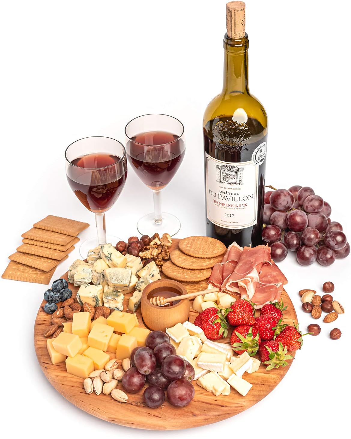 Wooden Cheese Board Unique Set of 3 Round Charcuterie Board 12’ with Honey Mini Dipper and Bowl