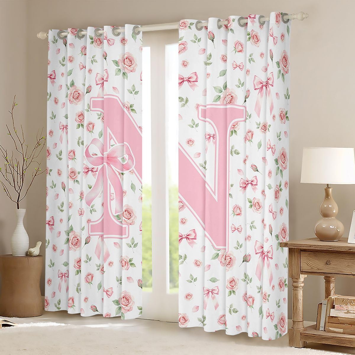 Feelyou Floral Curtains for Bedroom Living Room Pink White Block Print Blackout Shades Boho Room Darkening Curtain Farmhouse Window Treatments, 2 Panels 38 x 45 Inch Personalized Initial N Decor image 2