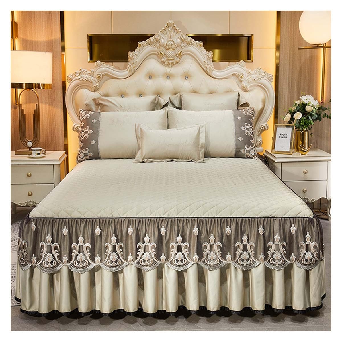 Jupe De Lit Velours 180x200 Cm Avec Drap-Housse Intégré - Chute 45 Cm, Design Matelassé | Décoration Chambre Élégante
