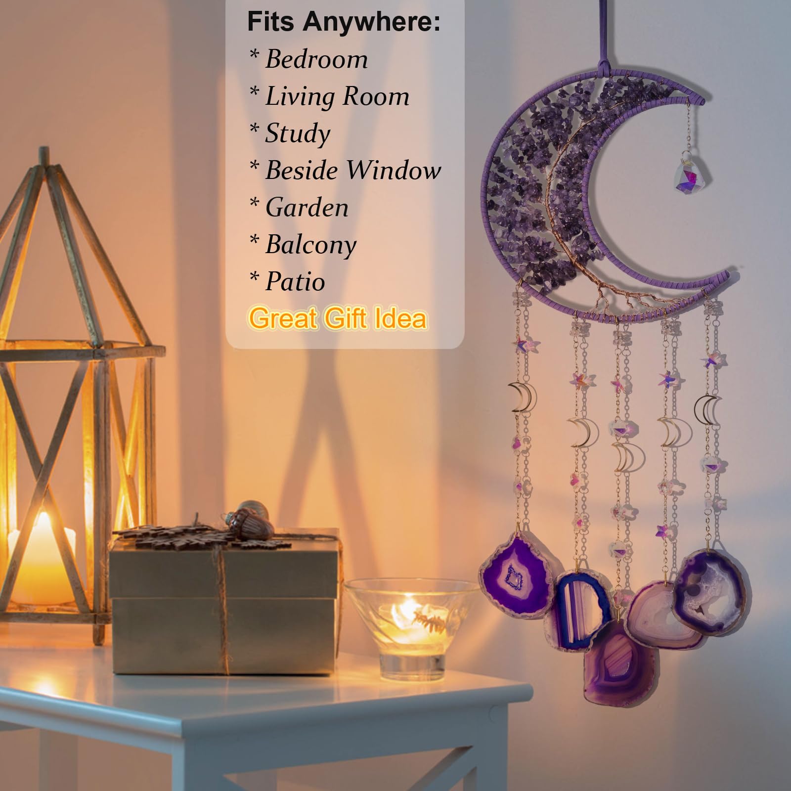 Amethyst Wind Chimes with Bracelet, 26” Amethyst Crystal Suncatcher, Heartfelt Wind Chime for Mom, Mother Birthday Gifts, Mom Gifts