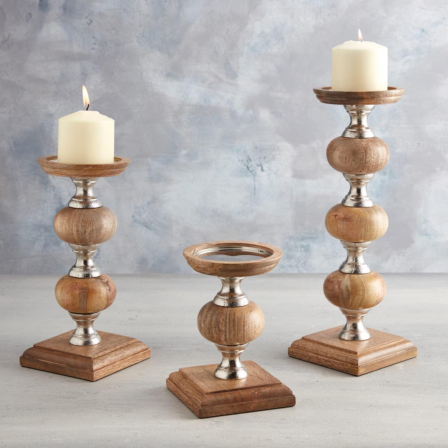 47th & Main Pillar Candle Holder, Medium, Wood and Metal