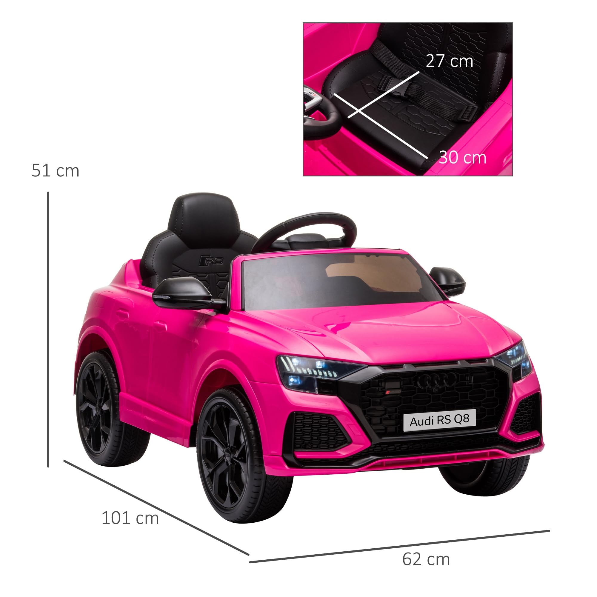 HOMCOM Coche Eléctrico Infantil +3 Años Licencia Audi RS Q8 con Batería 6V 2 Motores Mando a Distancia Música Bocina y Luces Velocidad Máx. 3km/h 101x62x51 cm Rosa