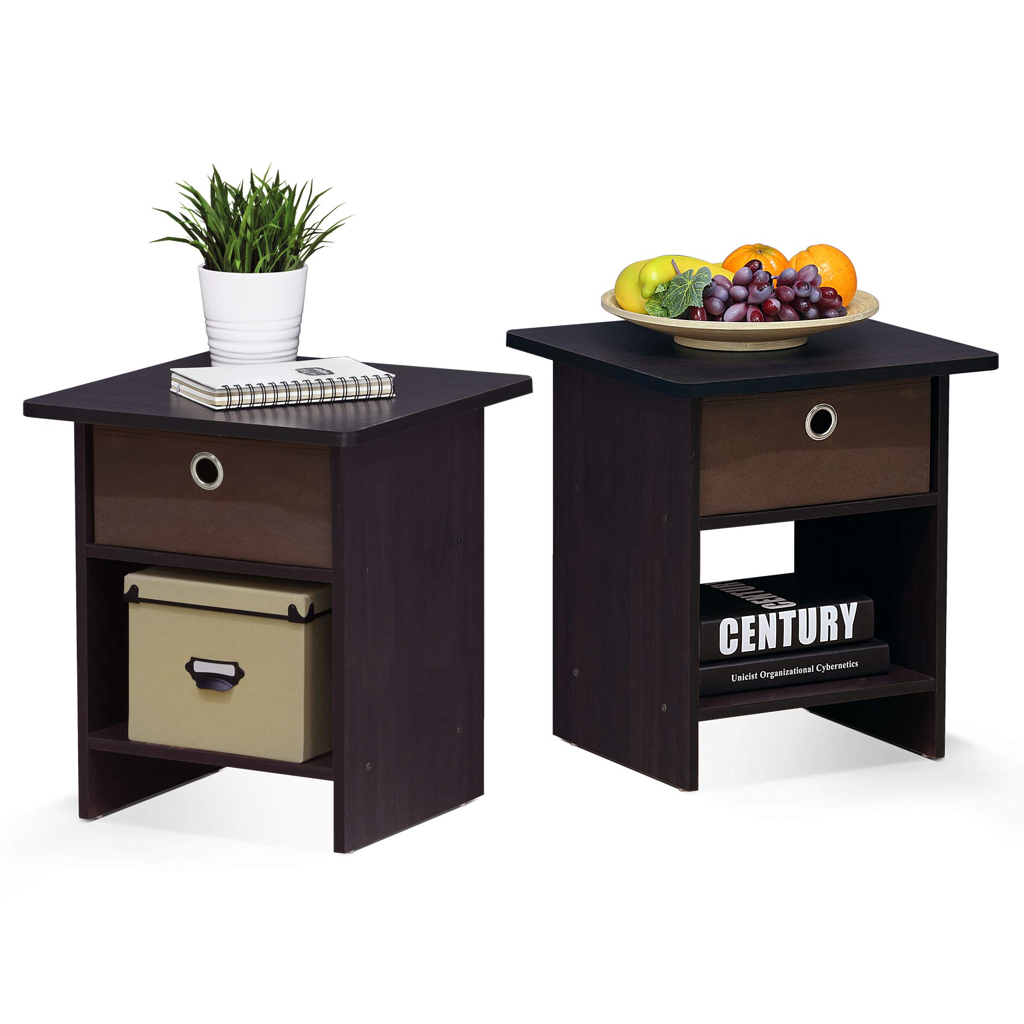 Furinno Dario End Table/ Night Stand Storage Shelf with Bin Drawer, Dark Walnut, Set of 2