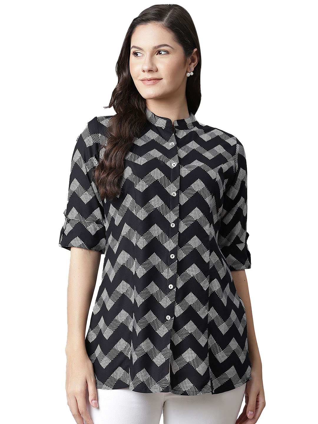 Black Rayon Zigzag Print Top-image-21