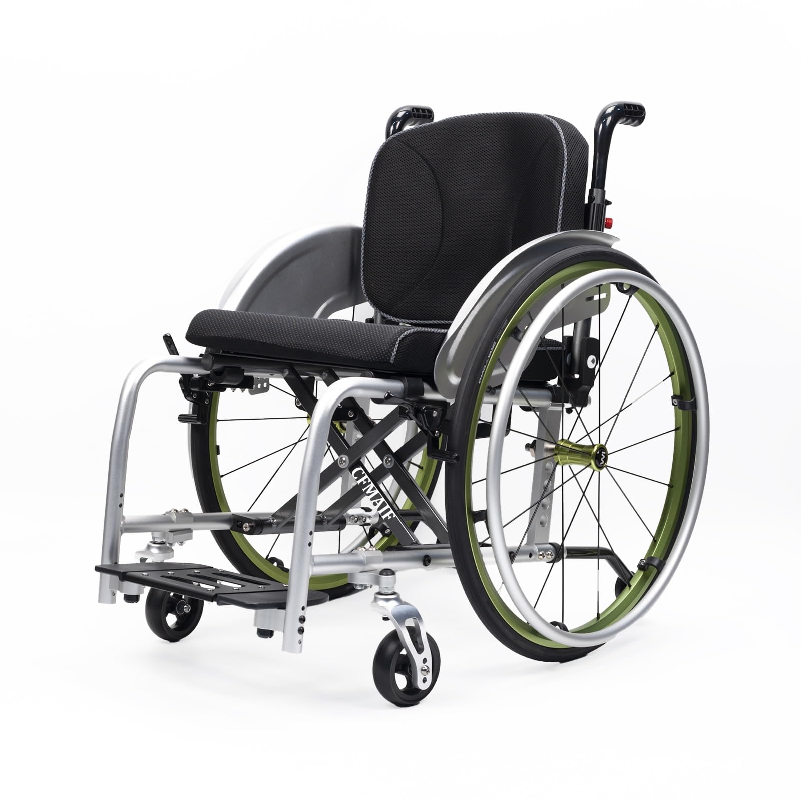 Aluminiowy wózek inwalidzki składany, samobieżny, ultralekki, tranzytowy, ręczny, hamulec ręczny, zdejmowane podnóżki(zielony, 43 cm/16,9 cala)