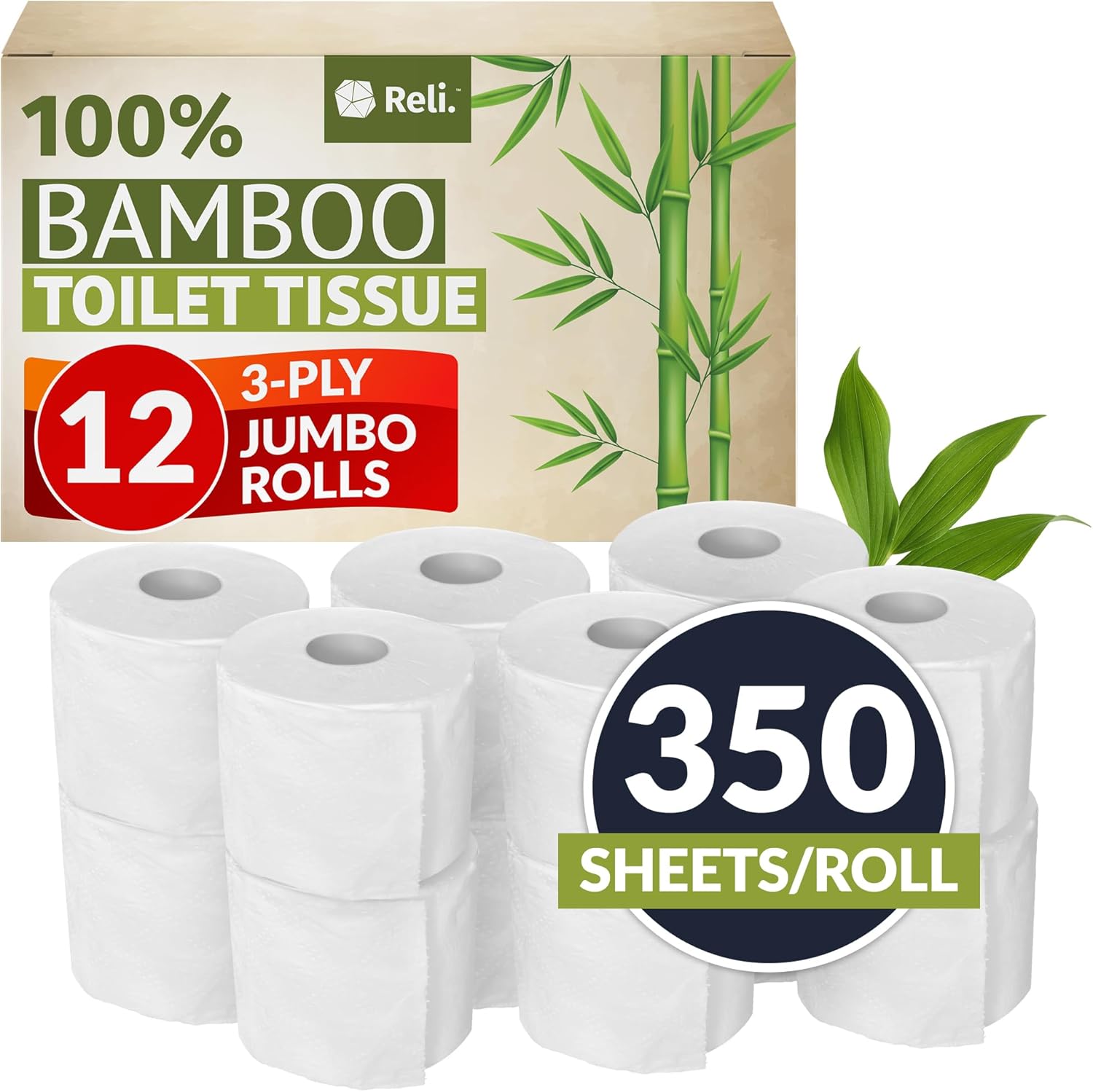Reli. Bamboo Toilet Paper (12 Jumbo Rolls) | 3 Ply Toilet Paper (350 Sheets/Roll) Bathroom Tissue | Organic Bath Tissue | Bamboo Chemical Free Rolls (4200 Sheets Total) (Pack of 2)