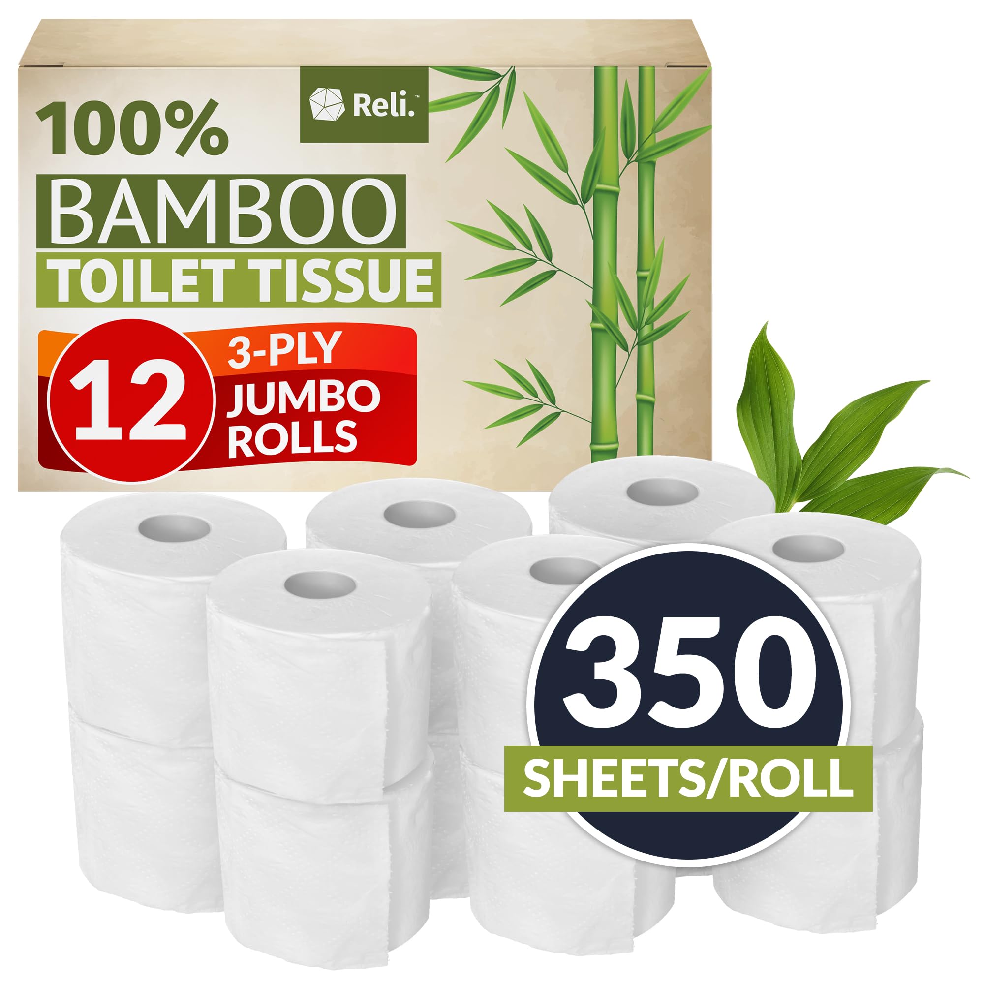 Reliable Bamboo Toilet Paper - 12 Jumbo Rolls, 3 Ply, Organic, Chemical Free | 4200 Sheets Total for Home Bathroom Usage 