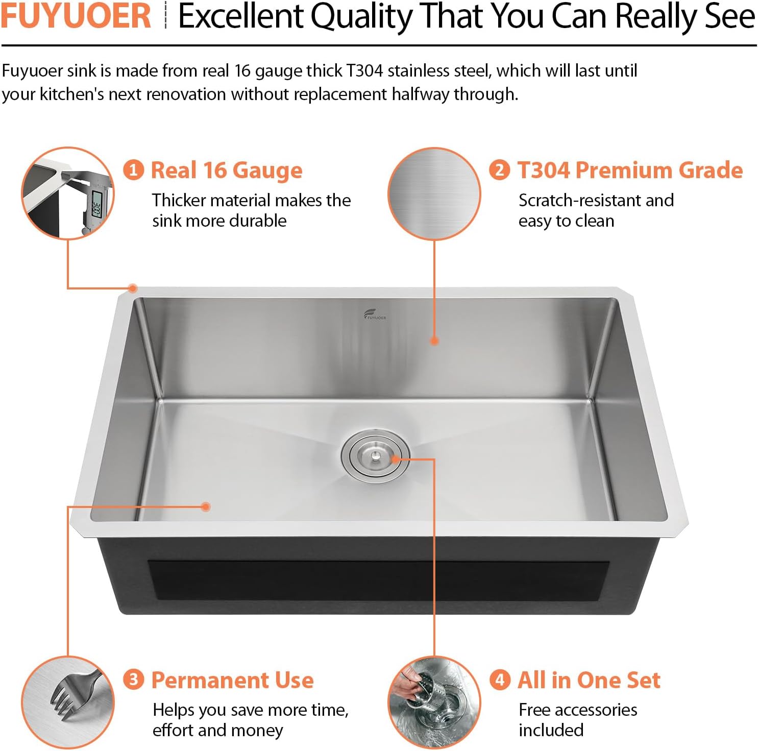 32 Inch Undermount Kitchen Sink - Fuyuoer 32x19 Inch Under Counter 16 Gauge Stainless Steel Single Bowl, 9'' Deep Basin with Round Corners