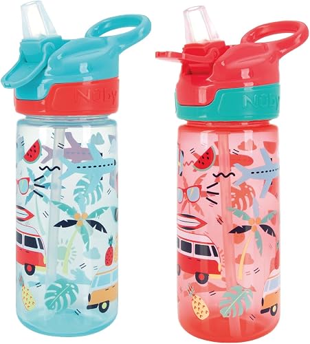 Nuby Super Quench Botella Infantil, Pack de 2, 540 ml, +18 Meses, Tropical | Vaso antiderrame con asa, tapa One-Click y boquilla de flujo libre de silicona suave, apto lavavajillas, ayuda a beber solo
