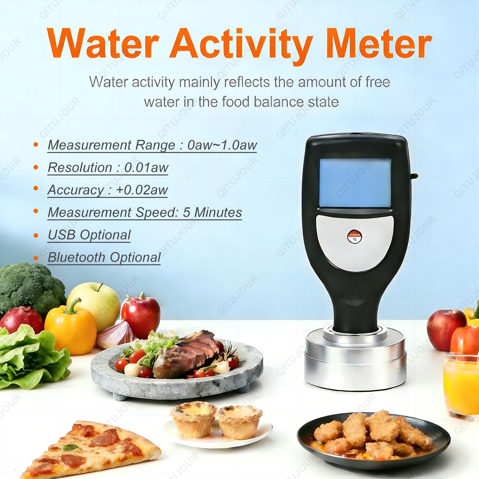 Misuratore di attività dell'acqua per test alimentari, tester portatile di sicurezza per frutta e verdura, display a LED, gamma 0-1,0 aw, risoluzione 0,01 aw, strumento di misurazione accurato