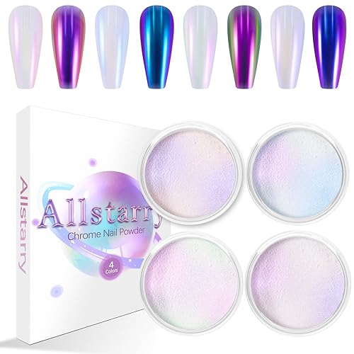 Allstarry White Chrome Nail Powder, 4 PCS Color-Shift Chameleon Mica