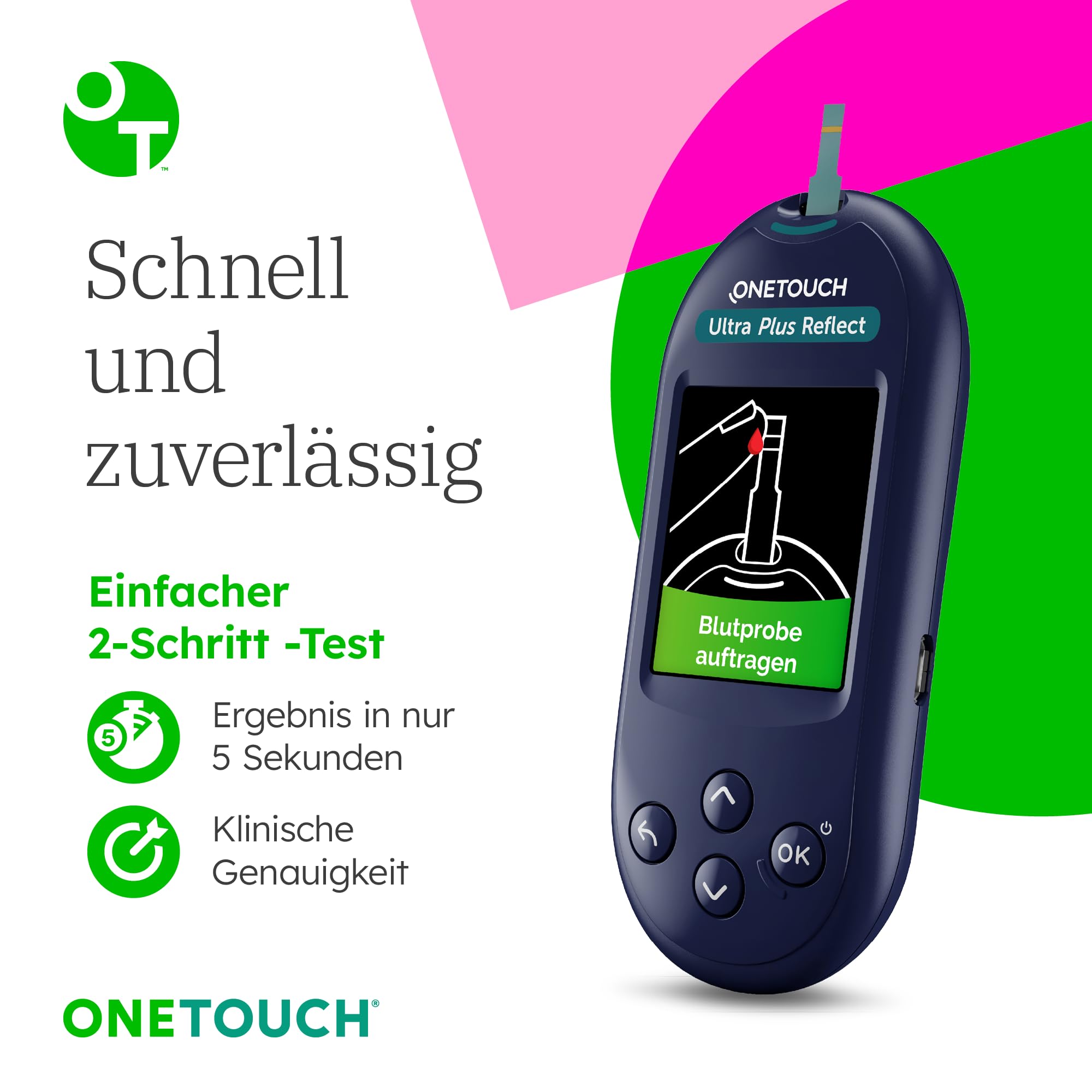 OneTouch Ultra Plus Reflect® Blutzuckermessgerät Set – Starterset Diabetes mg/dL – Inkl. 40 Teststreifen & 40 Lanzetten – Präzise Messung, einfache Anwendung – Stiftung Warentest SEHR GUT (1,5)