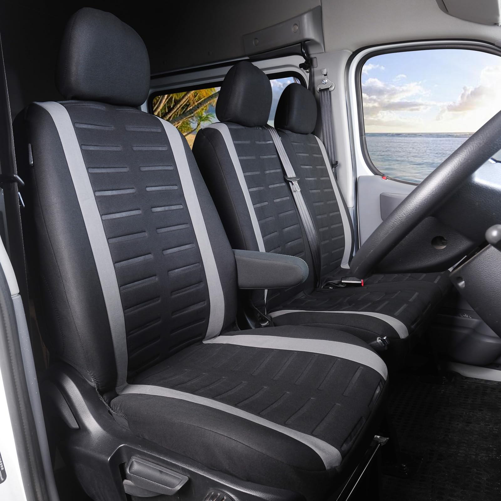 TOYOUN Van Seat Covers 3D Stripe Print Universal Fit Most Vans Trucks Lorry Front Seat Covers Single & Double Car Seat Covers for Single Driver and Double Passenger Seat 2+1 seat Covers, Grey