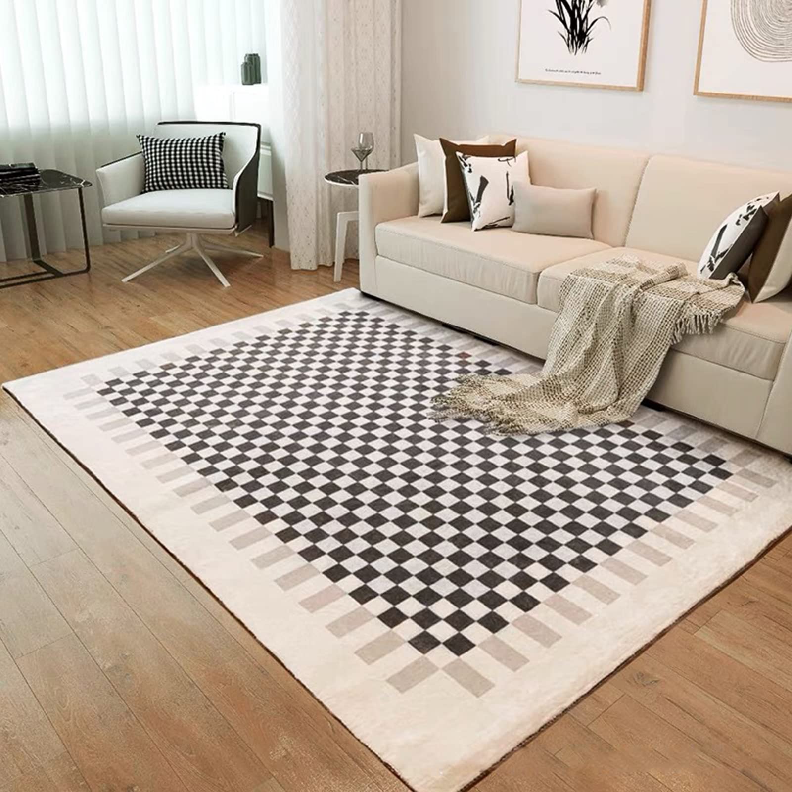 Tapis de sol de Noël en damier marron pour créer un salon cocooning