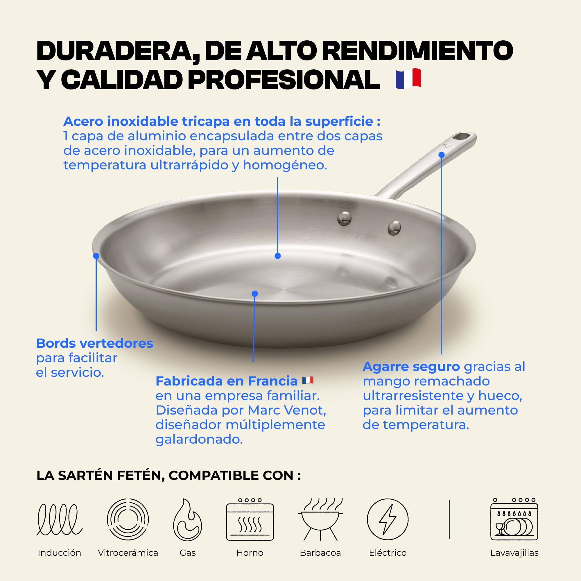 Atma – Juego de 3 Sartenes Inox 3 Capas (20, 26, 28 cm) – Mango Remachado – Sin PFAS ni Recubrimiento Químico – Inducción, Horno hasta 230°C – Apto para Todas las Cocinas – Fabricada en Francia
