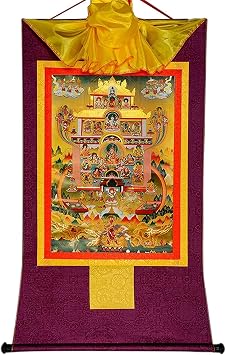 Buddha Zen Wall Hanging,Meditation Tapestry,buddha tangka,scroll mural,Guru Rinpoche in Pure Land,Elysium of Padmasambhava,Tibetan Thangka Painting Art,Buddhist Thangka BrocadeColorBlu,SizeLarge85