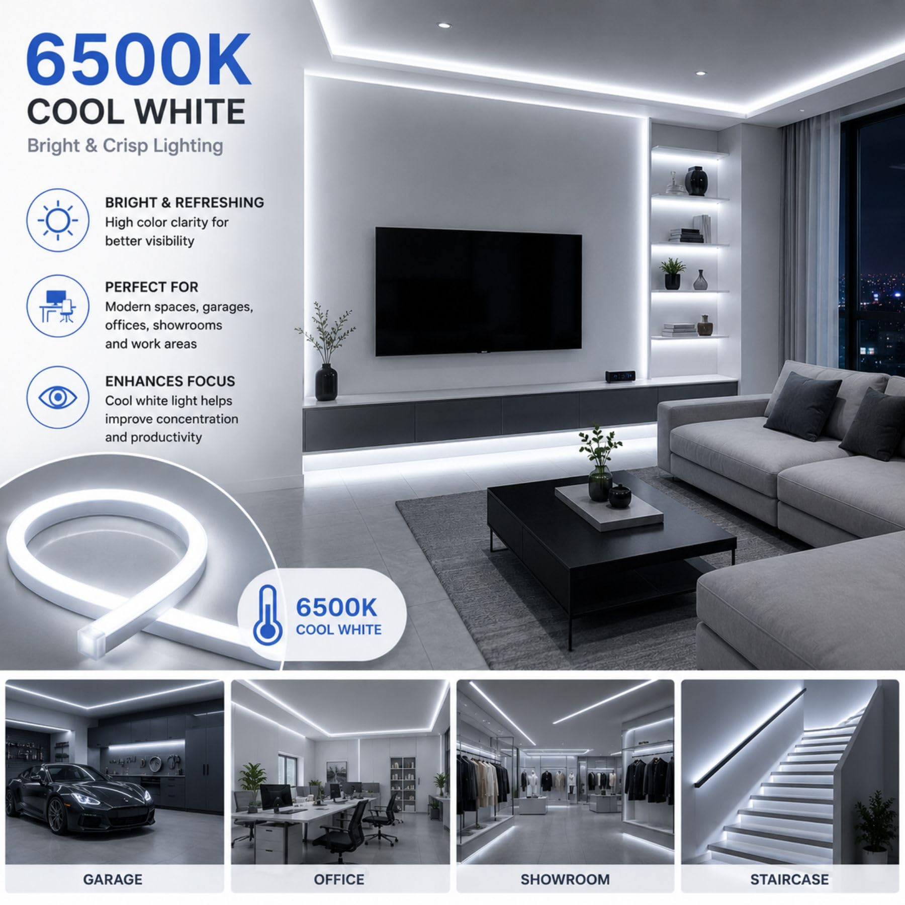 A2ZWORLD Taśma Led Neon Flex 24V 100 metrów, zimna biel 6000 K, wpuszczana 10 x 10 mm, 11 W/M 660 LM/M, elastyczna neonowa dioda LED, możliwość przycięcia na wymiar, matowe tusze, wiele akcesoriów w