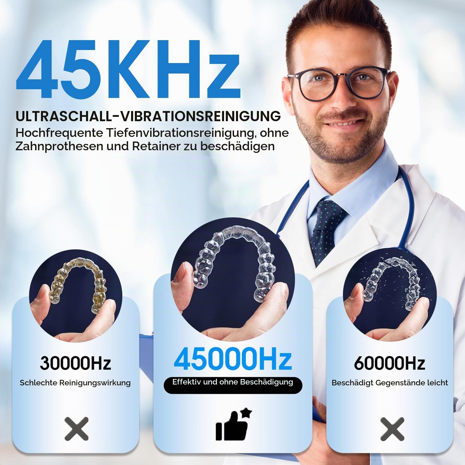 Ultraschallreinigungsgerät 45000Hz UV Ultraschallreiniger 220ML - Dental Pod für Zahnschiene, Zahnersatz, Retainer, Aligner, Prothesen & Schmuck | 4 Modi | herausnehmbarer Behälter |