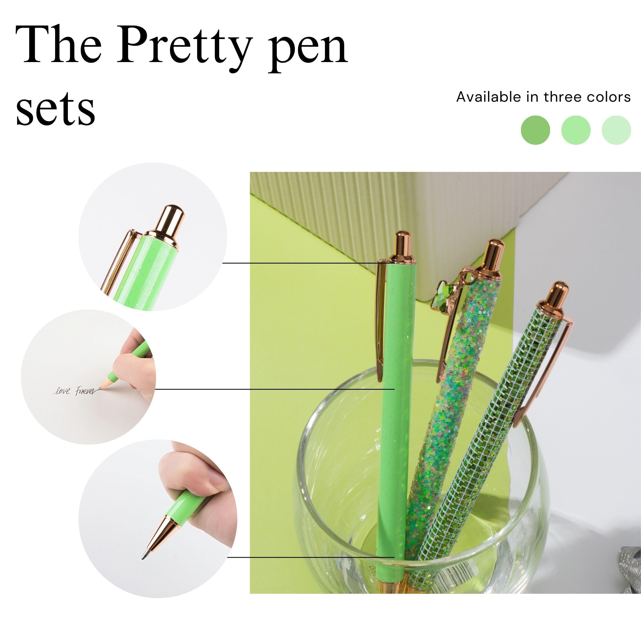 mumrap 9 Pcs Sparkly Pens for Women Fancy Pens with 10 Pcs Black Ink Refills Glitter Pretty pen sets for Ladies Office School Gifts(Green) - Image 4