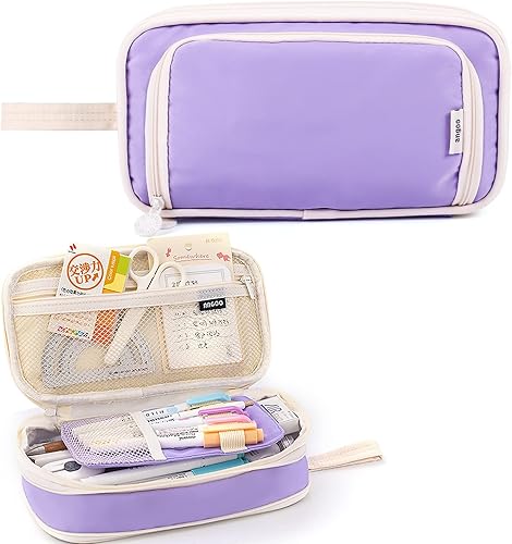 Miniatura 9 de Estuche para lápices de gran capacidad con 4 compartimentos, bolsa expandible para bolígrafos, bolsa de papelería portátil con asa para oficina,