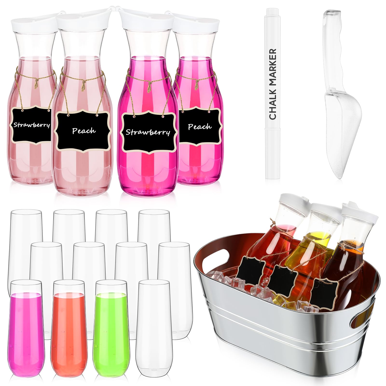 Baderke Mimosa Bar Supplies 4 Plastic Water Carafe with Lids 34 Oz, 4 Gallon Galvanized Ice Bucket 12 Plastic Champagne Flute Juice Carafes with Chalkboard for Bridal Shower Brunch Party Supplies