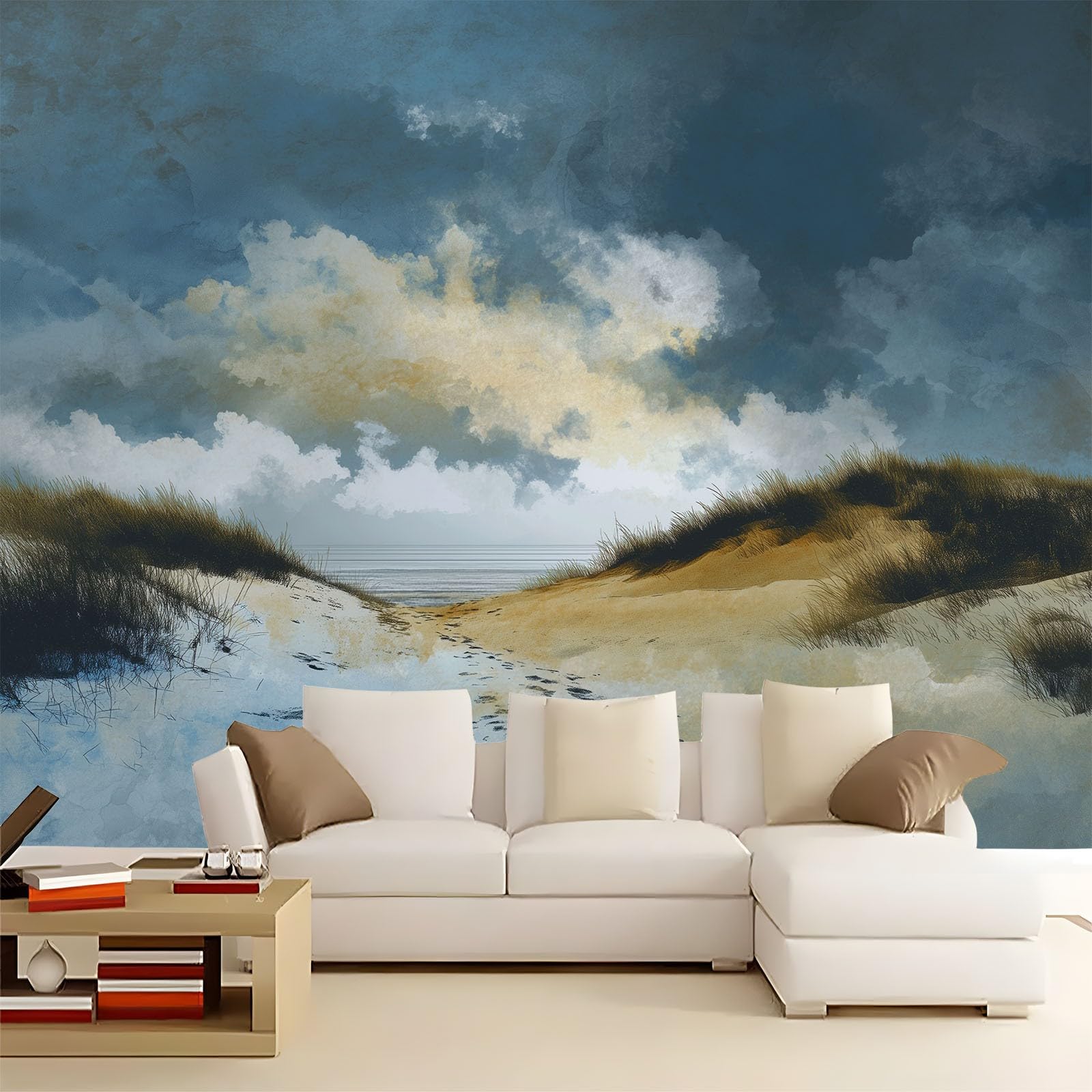 Generisch Tapeta panoramiczna 3D 350 x 256 cm (szer. x wys.), do salonu, sypialni, szaro-niebieska, odporna na promieniowanie UV tapeta z włókniny na ścianę - abstrakcyjna ręcznie malowana tapeta na