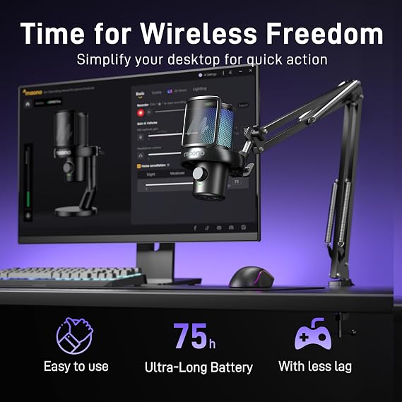 MAONO DM40 Pro AI Wireless Microphone with Mic Boom Arm Stand,AI Noise Cancellation,AI Voice Changer,Tap to Mute Wireless Condenser PC Microphone for Gaming Streaming Recording Podcasting