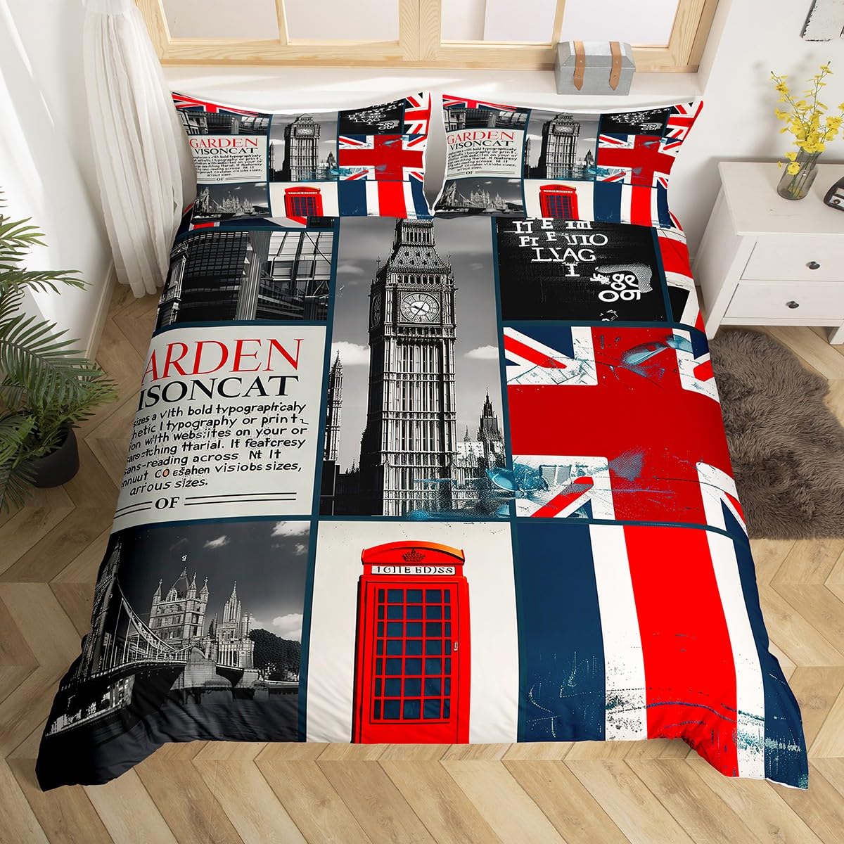 London Comforter Cover Romantic City Building Bedding Set for Teens Boys,Big Bent Duvet Cover United Kingdom Tower Bridge Bed Set Red Telephone Booth Union Jack Flag Bedroom Decor Queen