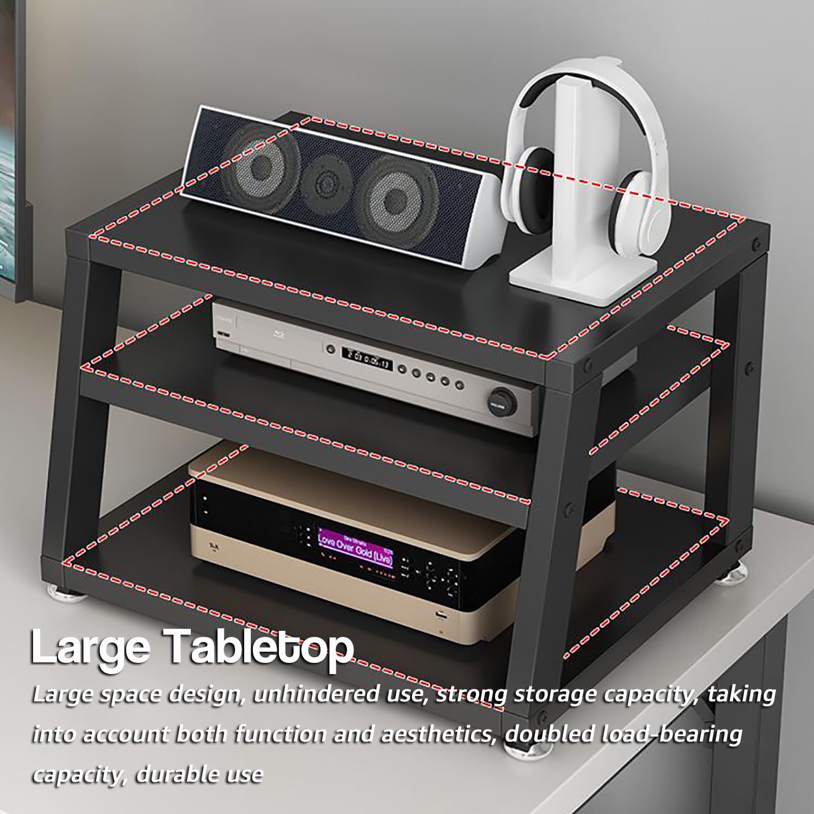 Supporto AV da tavolo, scaffale audio-video con ripiano in legno, armadio stereo aperto, armadio componente, mobile per scrivania per computer, nero, 3 livelli, larghezza 45 cm