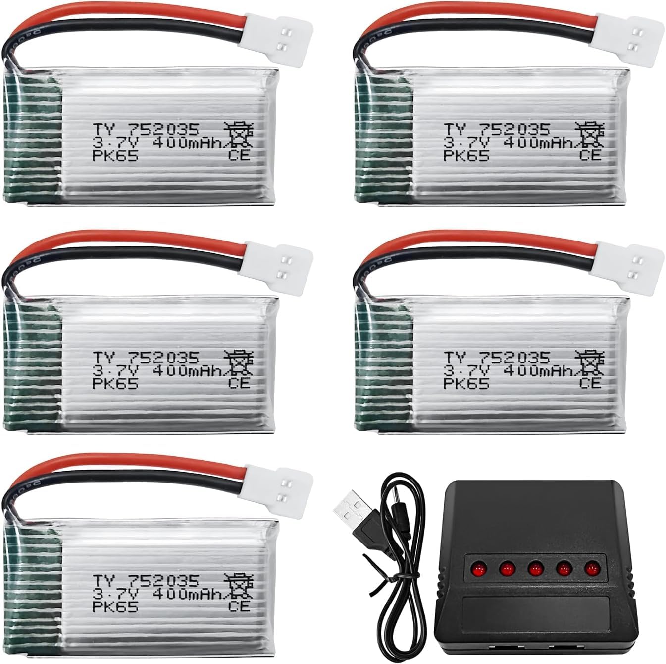 5PCS 3.7V 400mAh Lithium Battery with 5 in 1 Charger for H99W H31 H6C H98 AT-96 TR-C385 TR-P51 TR-F22Quadcopter Spare Parts Drone Battery
