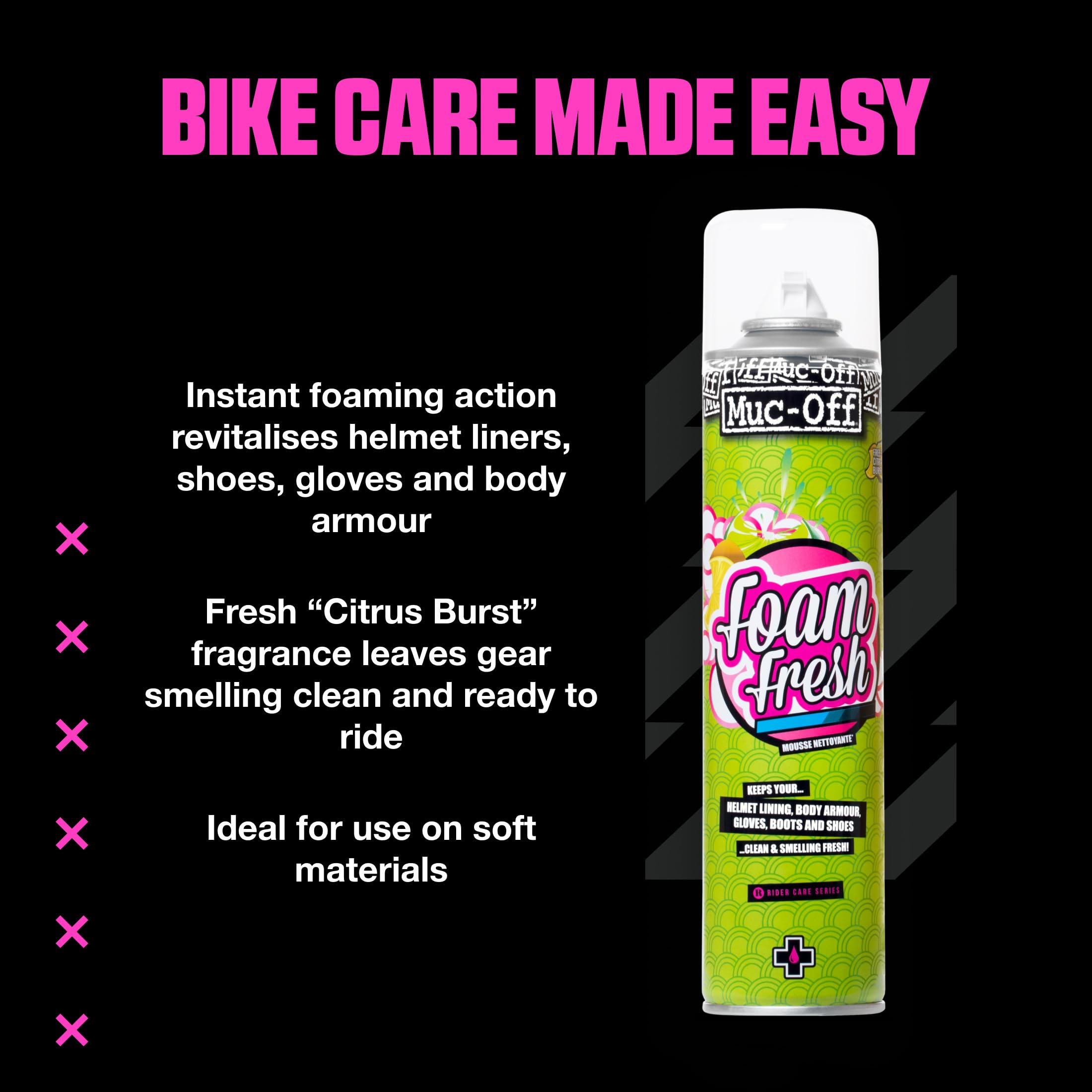 Muc-Off Espuma Fresh, 400 Ml - Limpiador de Espuma con Intenso Aroma Cítrico - Para Uso en Revestimientos y Acolchados de Cascos, Guantes, Botas y Cascos de Moto