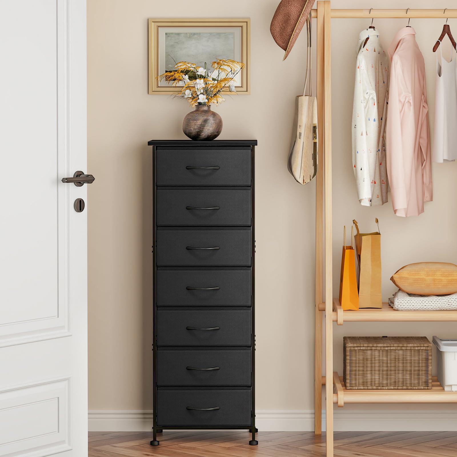 Cómoda alta negra para dormitorio, organizador de almacenamiento con 7 cajones de tela, muebles de mesita de noche en armario, entrada, pasillo 7