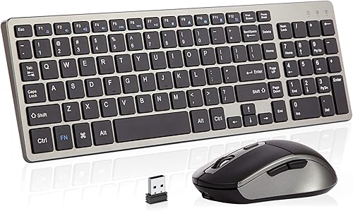 Teclado y mouse inalámbricos recargables, teclado compacto delgado inalámbrico de 2.4 G y mouse ergonómico silencioso para computadora con botón