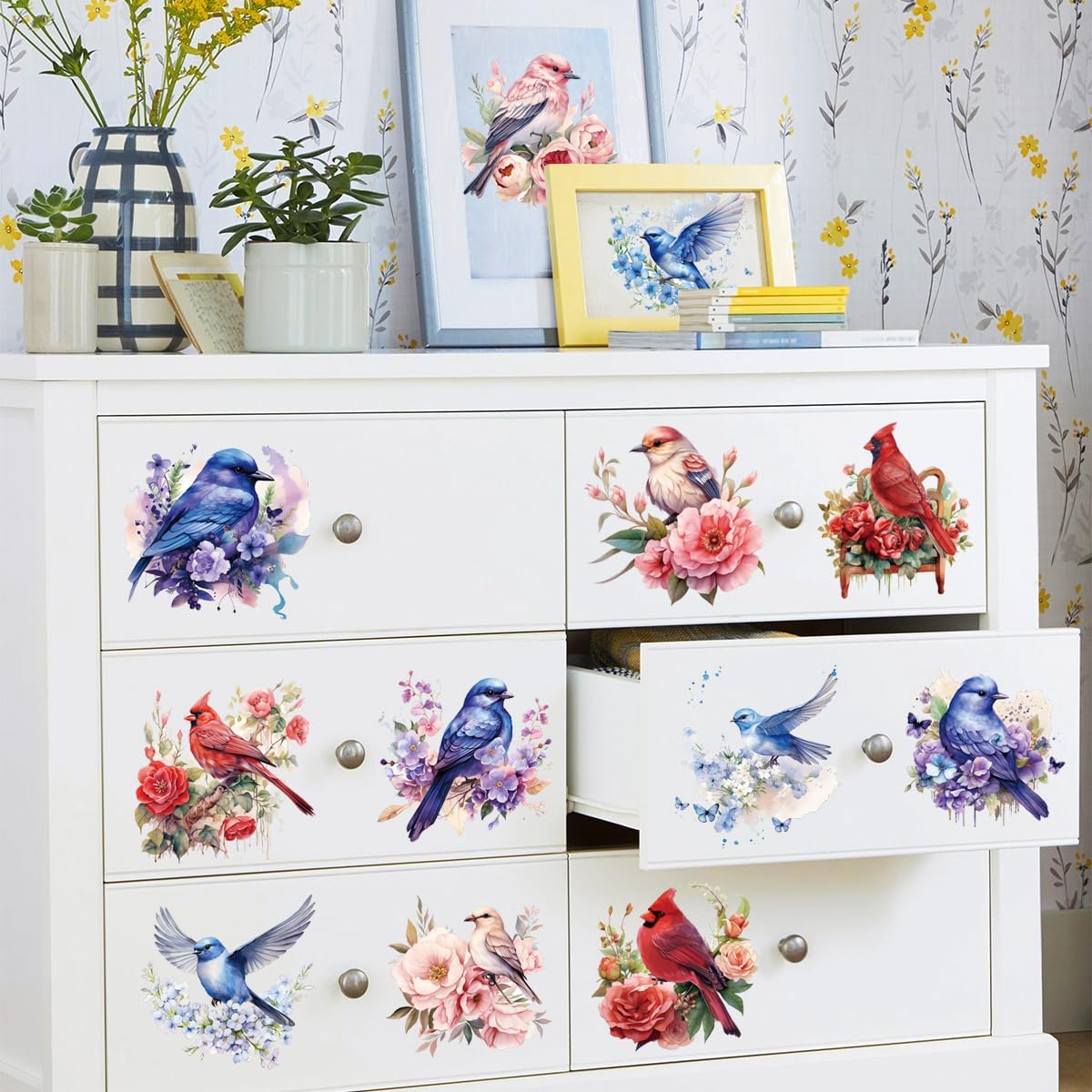12 Sheets Rub on Transfers for Crafts and Furniture Stickers, Vintage Floral Birds Watercolor Flower Designs Rub on Transfer Craft Decals for Wood Doors Window DIY Home Decor, 5.9 x 5.9 Inch