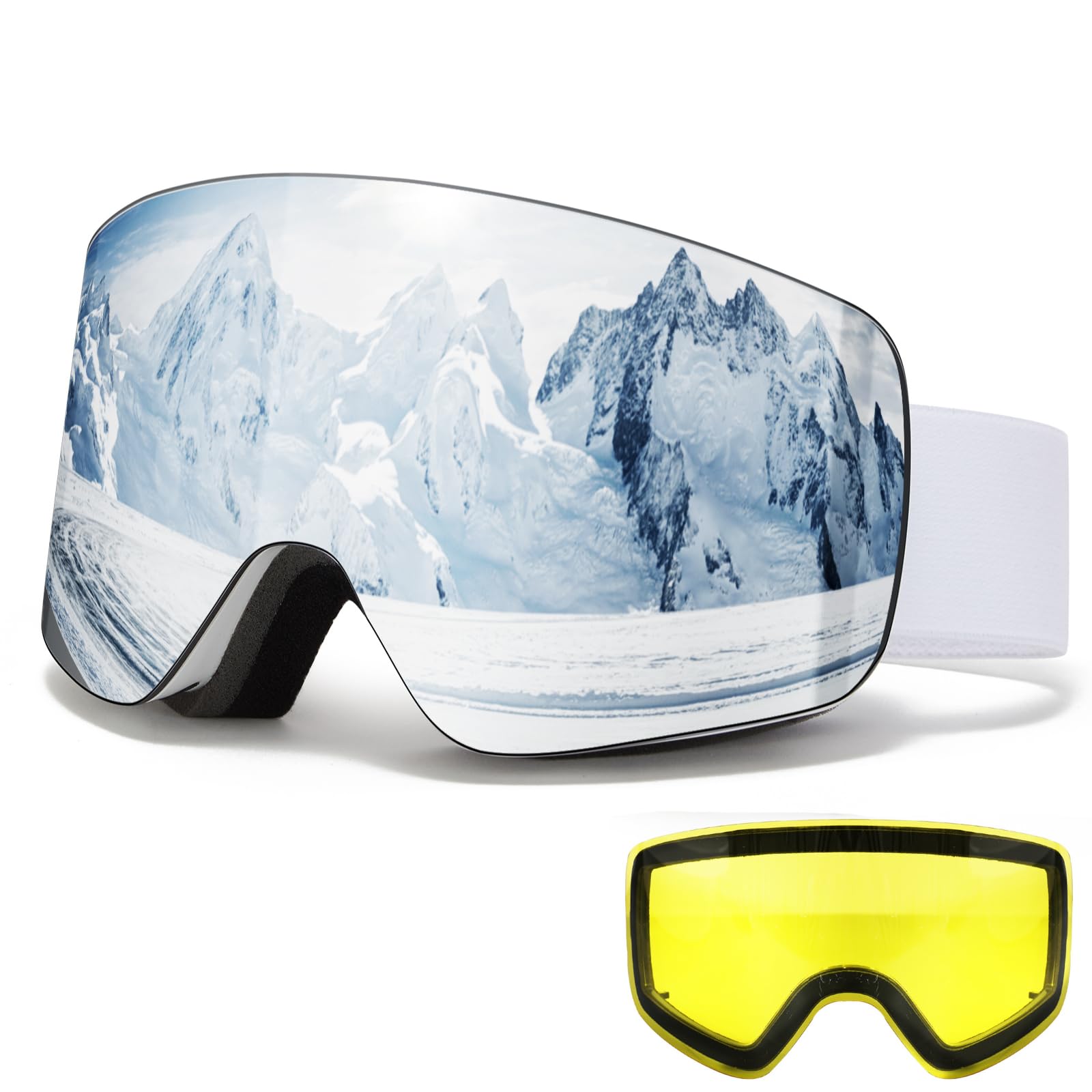 VCOROS Ski Goggles OTG,YH227 Snow Goggles Adjustable for Men Women Anti-Fog Anti-Glare UV400 Protection Helmet Compatible for Skiing Cycling Snowboarding (10-Silver/White+Linse(VLT 13%))