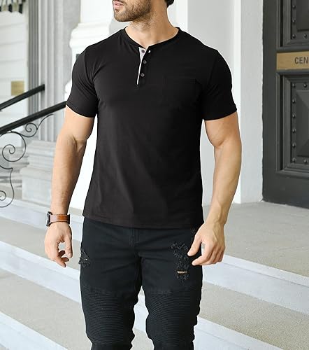Miniatura 5 de MLANM Mens Fashion Henley Shirts Short Sleeve Button Cotton T-Shirt