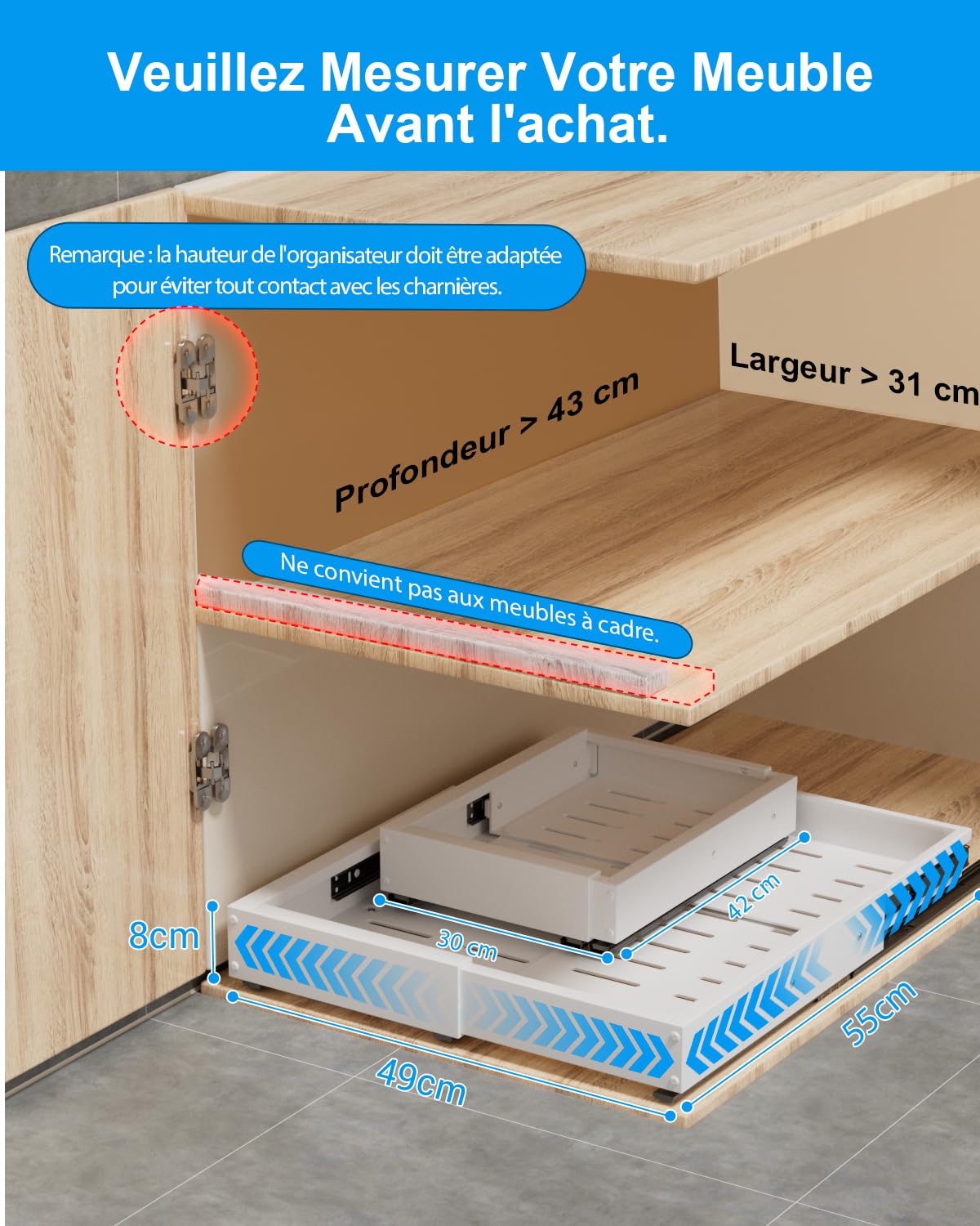 Lot de 2 Tiroirs Coulissants Cuisine,4 Directions Tiroir Coulissant Placard | Largeur 30–49 cm, Profondeur 42–55 cm, Charge 40 kg, Montage Sans Perçage ou Vissé, pour Placard de Cuisine, Blanc