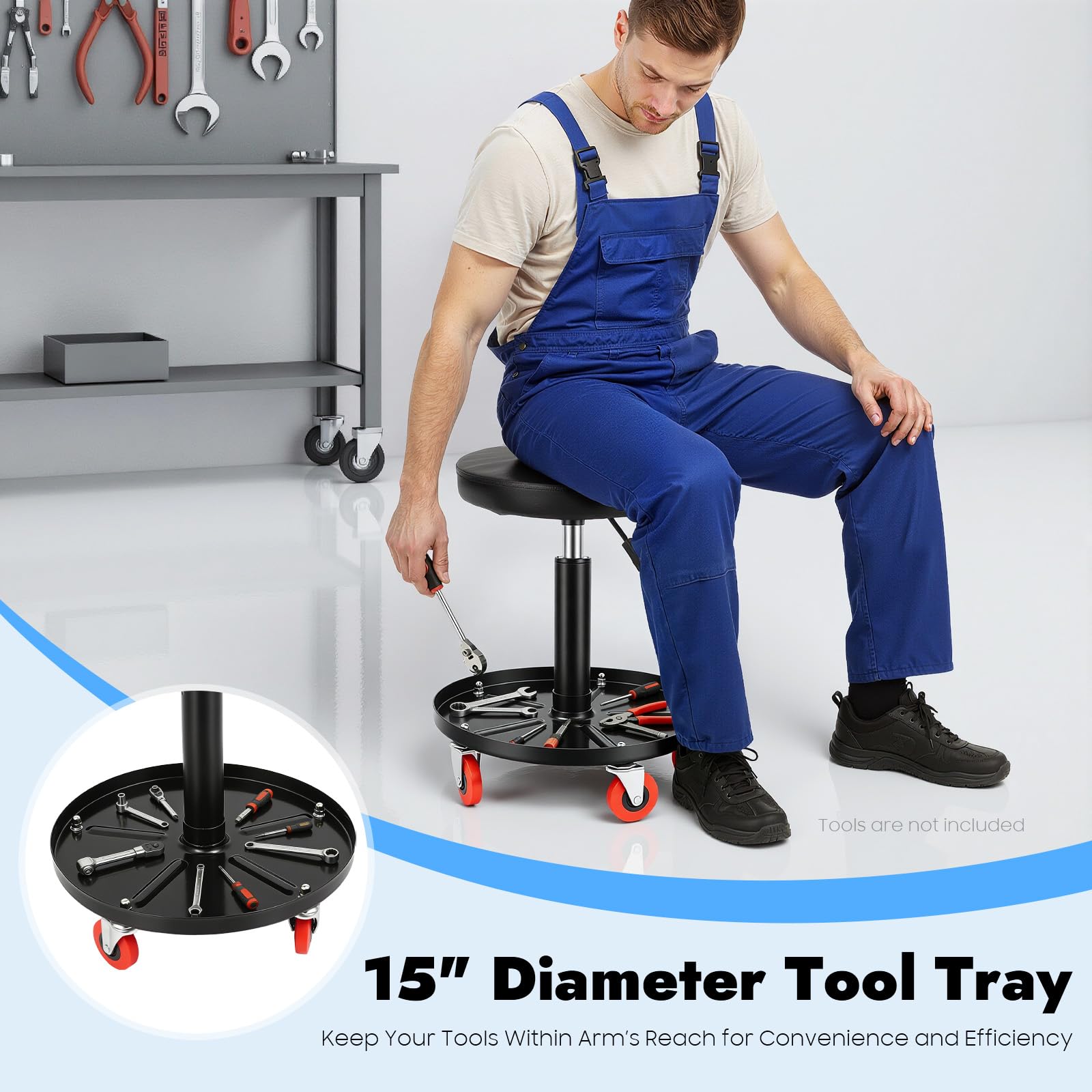 Asiento de taller, taburete de taller con ruedas, bandeja de almacenamiento, rotación de 360°, altura ajustable para reparación de coches, mantenimiento, tiendas, oficinas