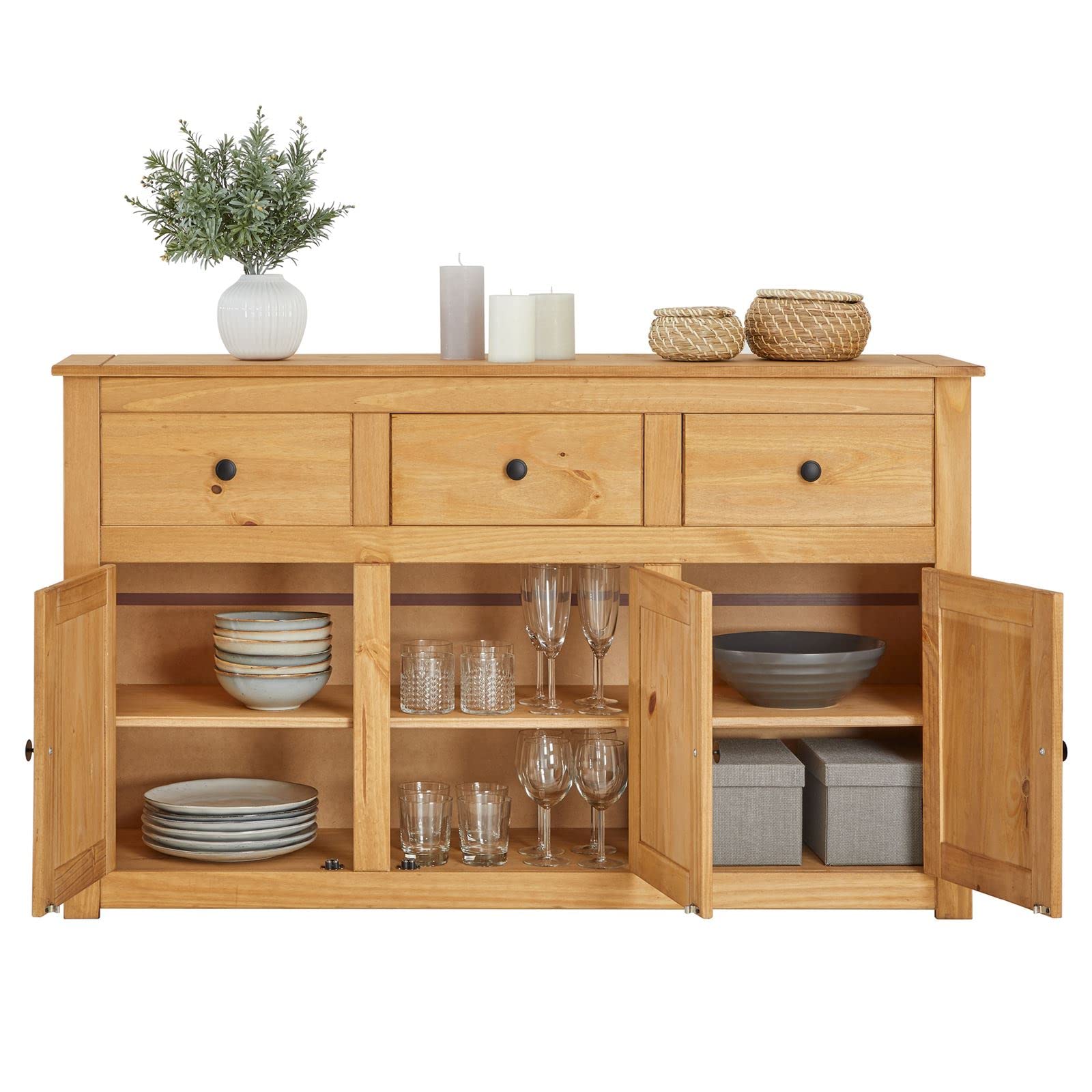 CARO-Möbel Kommode Cancun im Landhaus Stil, Sideboard mit 3 Türen und Schubladen, Moderne Anrichte aus Kiefer massiv mit gebeizter gewachster Oberfläche