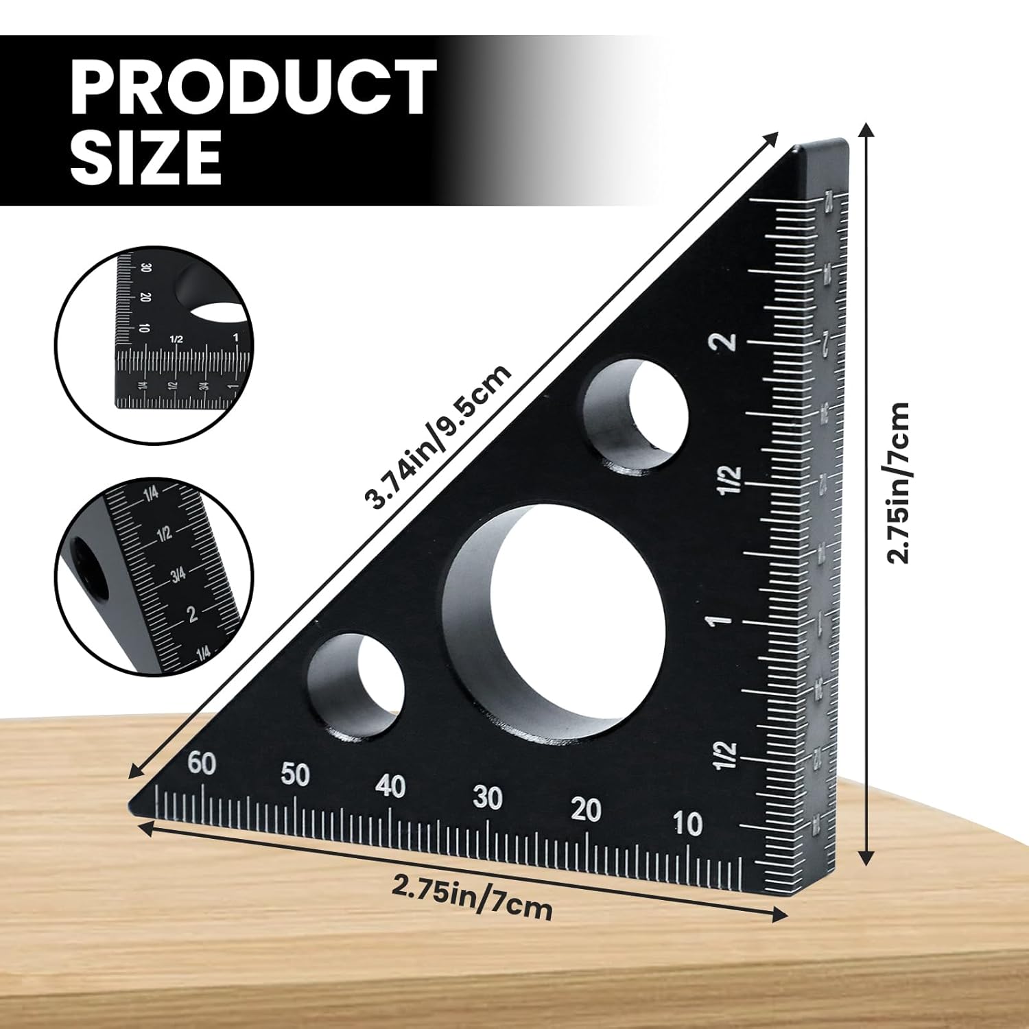 アルミニウム合金直角三角形定規、45/90度マルチアングル構築ツール、インペリアルスケールとメートルスケール、ミニポータブル二等辺三