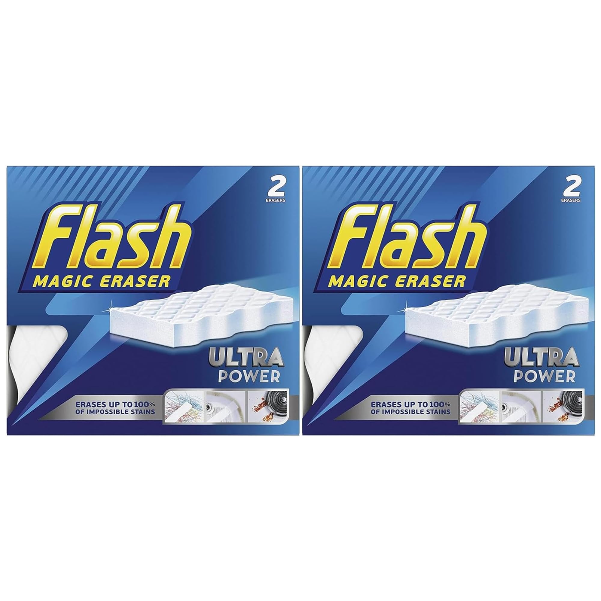 Zinniauk White 4 X Flash Magic Eraser Ultra Power Cleaning Sponges, No Chemicals Needed, Removes Tough Marks, Scuffs, Crayon, Grease & Grime From Walls, Tiles, Floors, Sinks, Kitchen & Bathroom Surfaces (Pack Of 2)