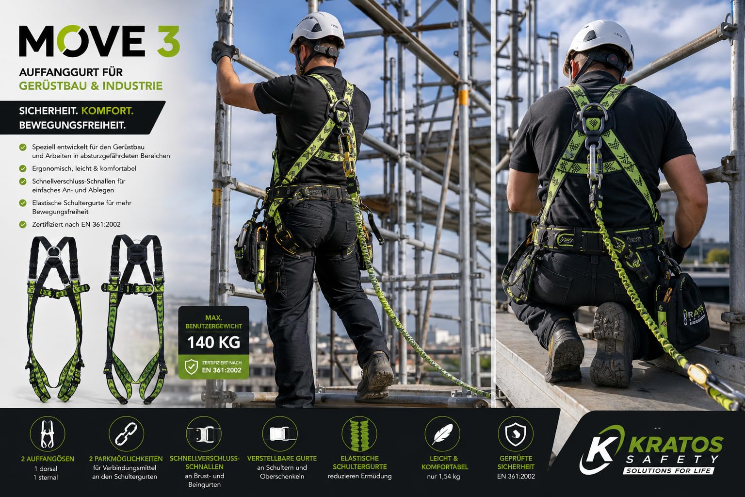 Kratos Safety Move 3 - Arnés de seguridad para andamios (L-XXL, EN 361, con punto de recogida dorsal y esternal, cierres rápidos, hasta 140 kg)
