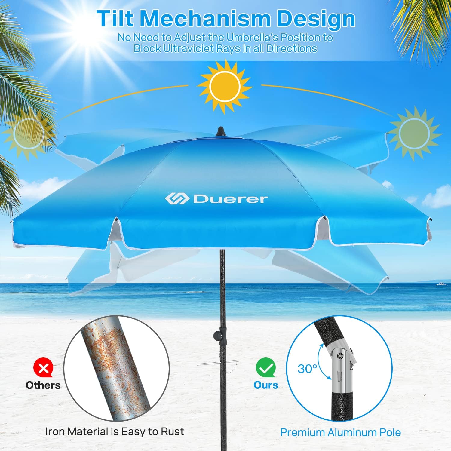 Duerer 8.5FT Beach Umbrella for Sand with Anchor, Heavy Duty Windproof, Height Adjustable Tilt, Iron Pole, Portable with Carrying Bag for Beach, Patio, Garden Outdoor