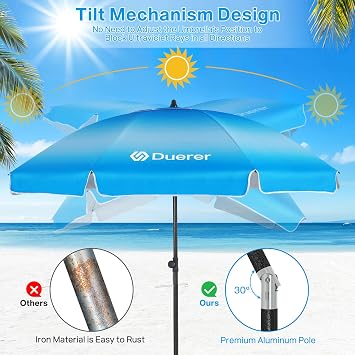 Duerer Beach Umbrellas, 7.5FT Beach Umbrella for Sand with Anchor Heavy Duty Windproof, Height Adjustable Tilt Iron Pole, Portable Beach Umbrella with Carrying Bag for Beach, Patio Garden Outdoor